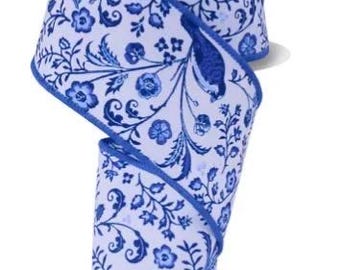 Wired White and Blue Chinoiserie Spring Ribbon-2.5”x10 Yards