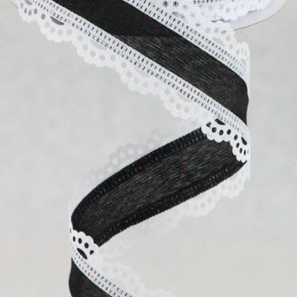 FREE SHIPPING - 10 Yards - 1.5" Wired Black Ribbon with White Lace Detail - Dainty Ribbon