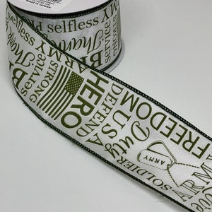 FREE SHIPPING- 2.5" Wired Green Army Ribbon on White Background -  Quality Ribbon - Everyday Ribbon 10 Yards