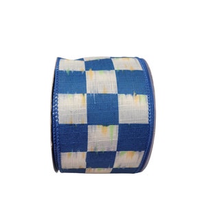 FREE SHIPPING - 10 Yards - 2.5&quot; Wired Blue and Cream Large Check Ribbon - Everyday Ribbon