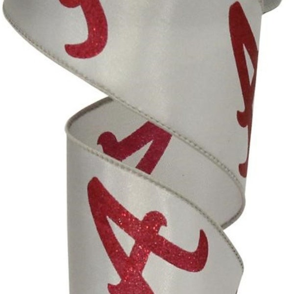 FREE SHIPPING - 10 Yards - 2.5" Wired Crimson Glitter Letter A on Gray Satin Ribbon - Alabama Roll Tide Inspired - Bama Ribbon - Roll Tide