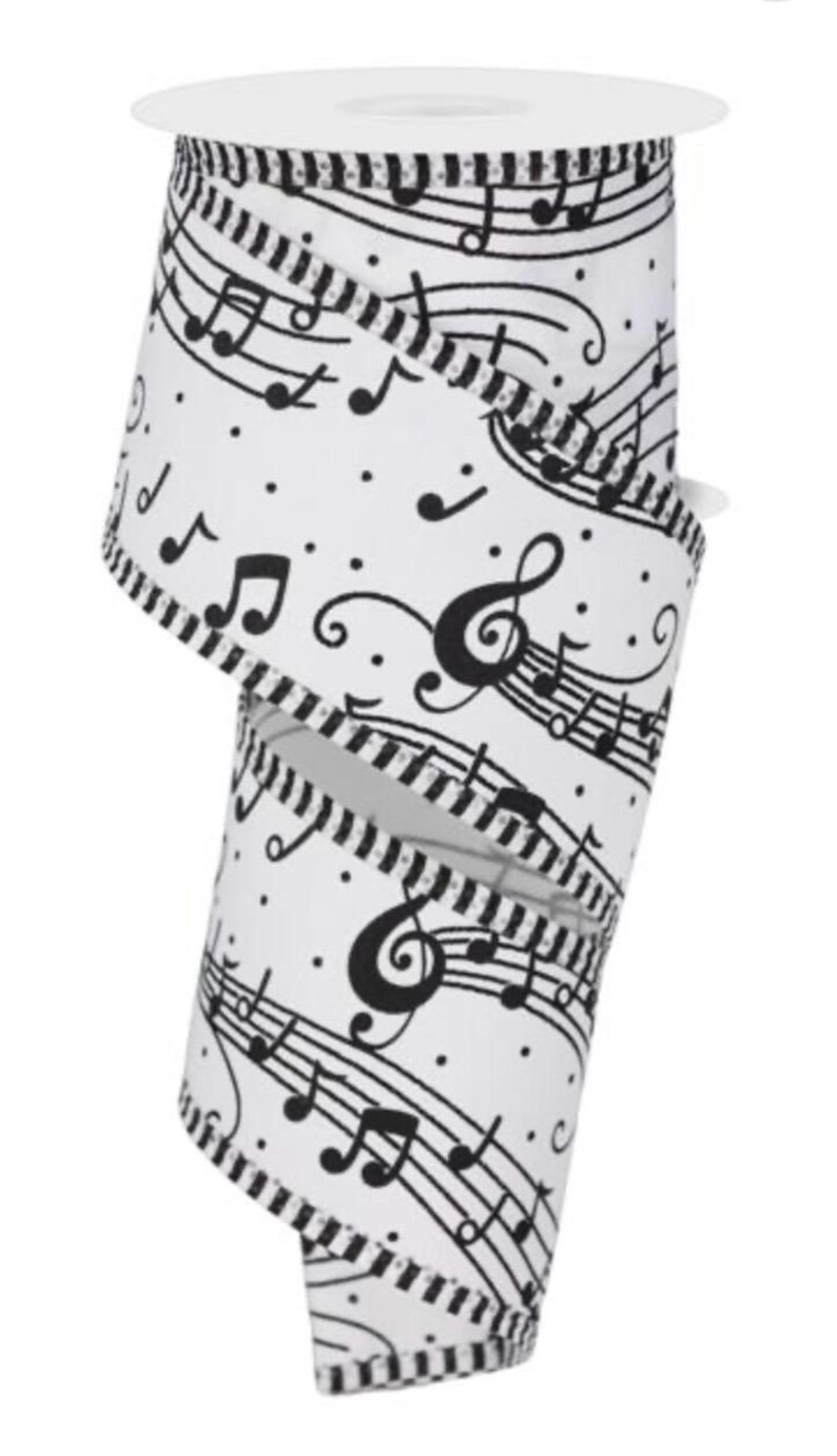 Music Note Ribbon Pattern Wired Black and White Musical Note Ribbon With Stripe Edge- 2.5”x10 ...