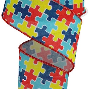 FREE SHIPPING - 10 Yards - 2.5&quot; Wired Colorful Puzzle Piece Ribbon - Autism Awareness Ribbon