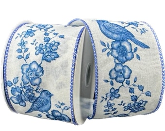 Wired White Linen Blue Chinoiserie Bird Garland Ribbon-10 Yards x 2.5”