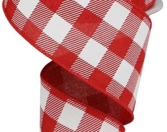 FREE SHIPPING - 10 Yards - 2.5”  Wired Red and White Check Canvas Ribbon - Everyday Ribbon