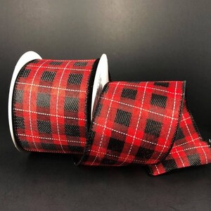 FREE SHIPPING - 10 Yards - 2.5” Wired Red, Black, and White Plaid Ribbon - Christmas Ribbon