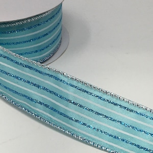 FREE SHIPPING - 10 Yards - 1.5&quot; Wired Blue and White Glitter Stripe Christmas Ribbon - Winter Ribbon