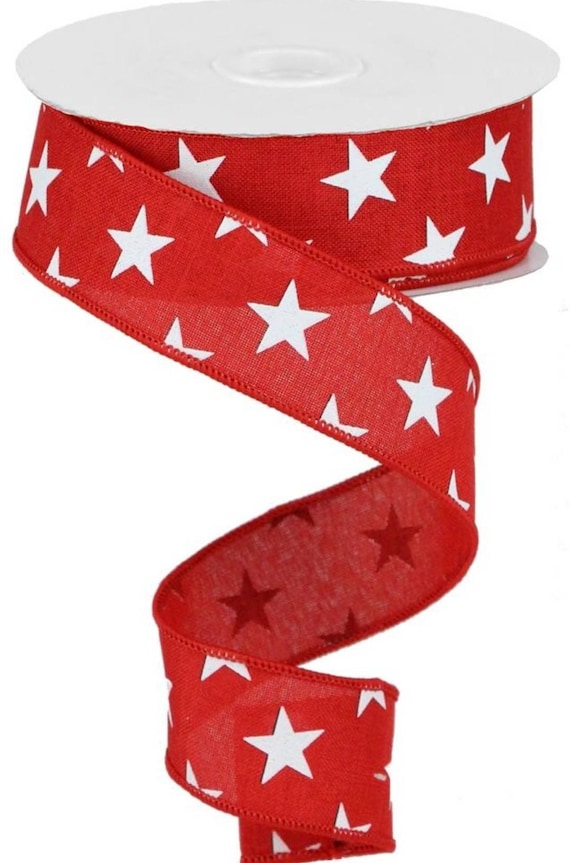 Wired Red Background with White Stars Patriotic Ribbon - USA Ribbon - July 4 Ribbon- 1.5”x10 Yards
