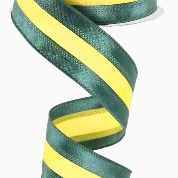 FREE SHIPPING - 10 Yards - 1.5" Wired Green and Yellow Stripe Ribbon - Green Bay Inspired Ribbon