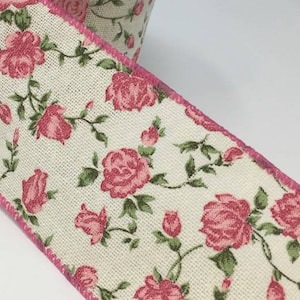 FREE SHIPPING - 10 Yards - 2.5&quot; Wired Cream Canvas with Pink Roses Ribbon - Floral Ribbon - Vintage Inspired Ribbon