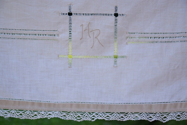 Pair of Linen Sheets Antique Romantic Lace Fabulous French HR Monogram C 1910 Material Organic Upholstery Square Embroidered Home Decor