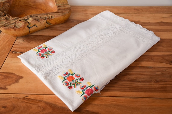 アンティーク ホームスパン 刺繍テーブルクロス アンティークリネン