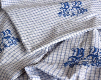 Funda nórdica antigua RARA + 2 fundas de almohada, funda de cojín, ropa de cama rústica vintage europea, tela de algodón y lino, cuadros azules, hecha a mano.