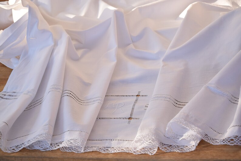 Pair of Linen Sheets Antique Romantic Lace Fabulous French HR Monogram C 1910 Material Organic Upholstery Square Embroidered Home Decor