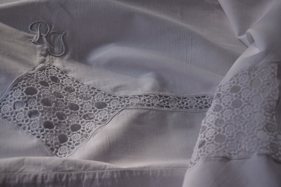Pair of Linen Sheets Antique Romantic Lace Fabulous French HR Monogram C 1910 Material Organic Upholstery Square Embroidered Home Decor