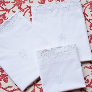 Linen 3 of Pillowcases Pillow Sham Antique Vintage Bedding Cushion Cover French Pillow White Lace Handmade Embroidered Rustic
