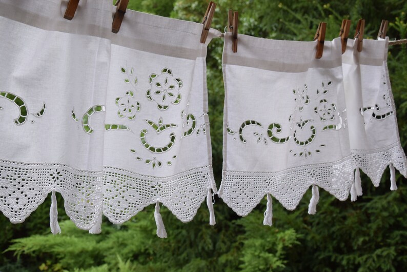 Antique Pair Cotton Curtain Brise Bise Richelieu Flower Etsy