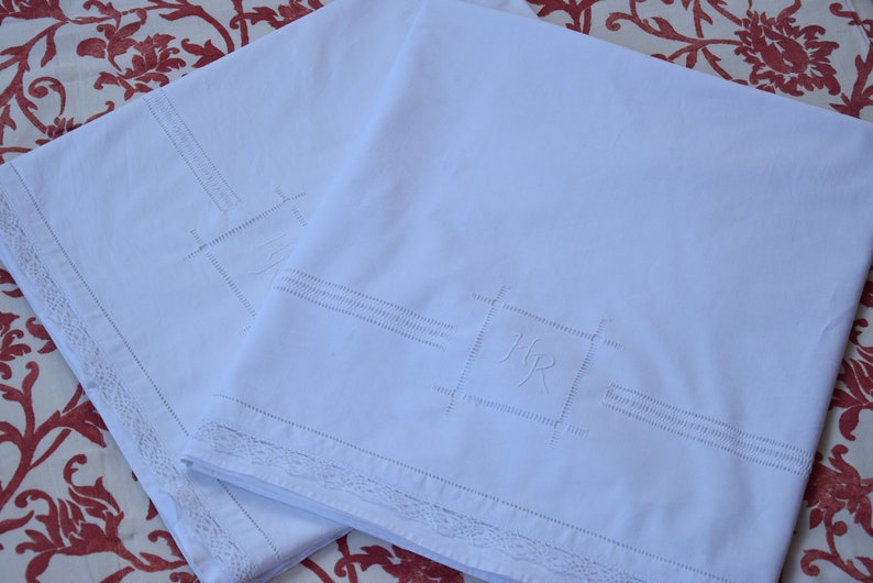 Pair of Linen Sheets Antique Romantic Lace Fabulous French HR Monogram C 1910 Material Organic Upholstery Square Embroidered Home Decor
