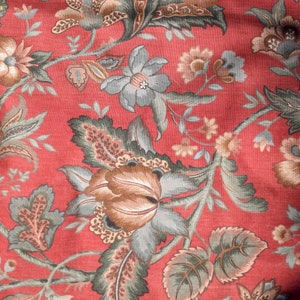 Pair Vintage Linen Cotton Curtain Drape Lambrequin Burgundy Flower Pattern Home Decor Rustic Farmhouse