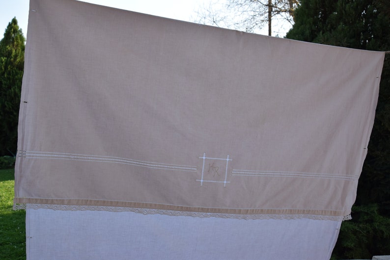 Pair of Linen Sheets Antique Romantic Lace Fabulous French HR Monogram C 1910 Material Organic Upholstery Square Embroidered Home Decor