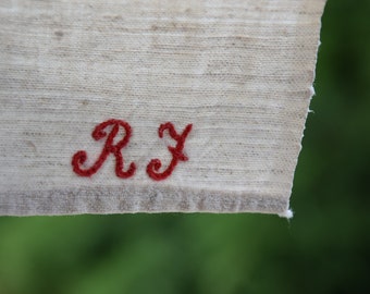 Antique Tablecloth Organic Pure Hemp Homespun Handloomed Linen Handmade Embroidery RJ Monogram Natural Primitive Home Decor Country Style