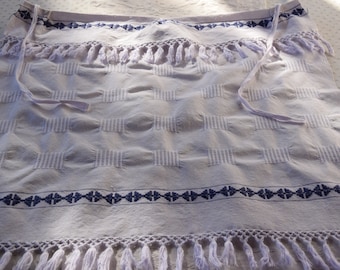 Antique French Pure Linen Apron Ruffle Handmade C 1900 Embroidered Handloomed Blue Pattern Rustic Home Romantic Old Bio Organic