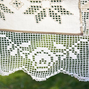 RARE Pair Pure Linen Curtains Antique Handmade Crochet Lace Birds Valance Curtain Home Decor Romantic Country Style Rustic Old Needlework