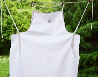 Antique French Linen Apron Handmade C 1900 Embroidered Handloomed Farmhouse Blue Monogram Rustic Kitchen Old Organic