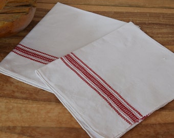Antique Pure Linen Dish Tea Towel C. 1920 Red Stripes Handmade Homespun Country Style Home Decor Natural