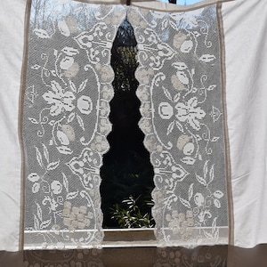 RARE Pair Pure Linen Curtains Antique Handmade Crochet Lace Valance Curtain Home Decor Romantic Country Style Rustic Old Needlework