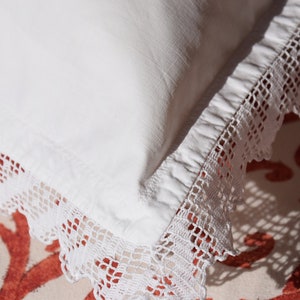 Antique Crocheted Lace Pillowcase Linen FA Monogram Cushion White Bedding  French Sham Pillow Case HandMade Home Decor Romantic Old Bio