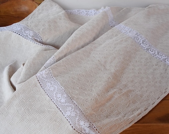 BIG Hand Crochet Tablecloth Throw Antique Hemp Home Linen Organic Textile Vintage Rustic Homespun Handwoven Upholstery Fabric Farmhouse 린넨