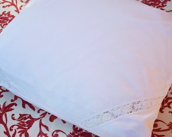 Antique French Pillowcase Rustic Linen Crocheted Lace White Bedding Pillow Sham Pillow Case HandMade Home Decor