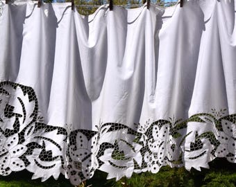 RARE Handmade Needlework Richelieu Linen Curtain Antique  Lace Valance Curtain Home Decor Romantic Country Style Rustic Old