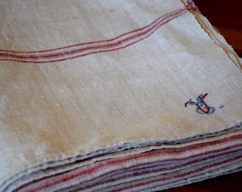 Antique Hemp Tablecloth Rustic Red Stripes Vintage Homespun Organic Linen Woven Handmade Upholstery Fabric Country Farmhouse Old
