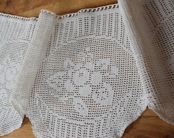 Cortina de algodón antigua Brise-Bise C. 1900 Flores Rosas Patrones Cortina de ganchillo Hecha a mano Decoración del hogar Romántico Estilo rural