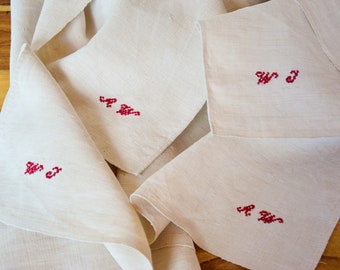 Nubby Antique Rustic Pure Hemp Tablecloth French Homespun Farmhouse Woven Handmade Red WJ Monogram Upholstery Fabric Organic Linen Country