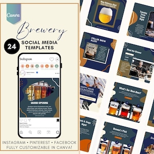 Op de afbeelding: Een set van 24 aanpasbare social media-sjablonen voor een brouwerij. De sjablonen bevatten een verscheidenheid aan ontwerpen met een blauw, bruin en wit kleurenschema. De sjablonen bevatten tekst zoals "Grote Opening", "Happy Hour Countdown", "Wat is ons volgende biertje?" en "Ontmoet de brouwer".