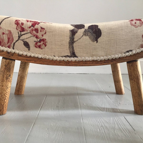 Upholstered Arts and Crafts Footstool Floral fabric