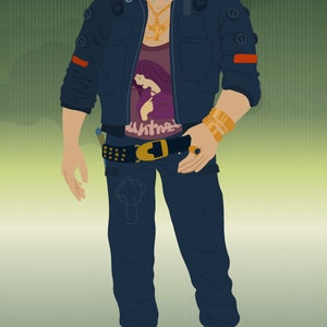 May include: Illustration of a person in a dark blue jacket with orange accents, a purple graphic tee, and dark blue pants. The person wears gold jewelry, a black belt, and black boots. The background is a gradient of green and white.