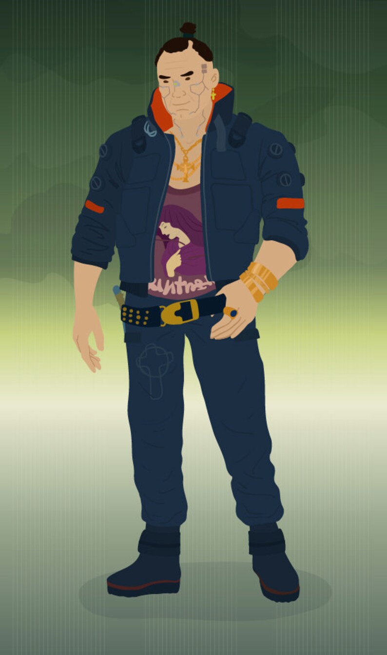 May include: Illustration of a person in a dark blue jacket with orange accents, a purple graphic tee, and dark blue pants. The person wears gold jewelry, a black belt, and black boots. The background is a gradient of green and white.