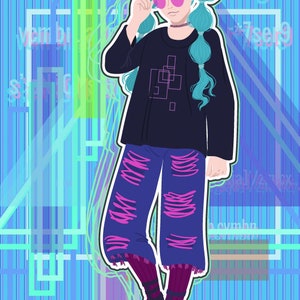 May include: Illustration of a person with teal hair and pink sunglasses, wearing a black top with a geometric design, ripped blue jeans with pink accents, and dark boots. The background features a blue and green abstract design with text.