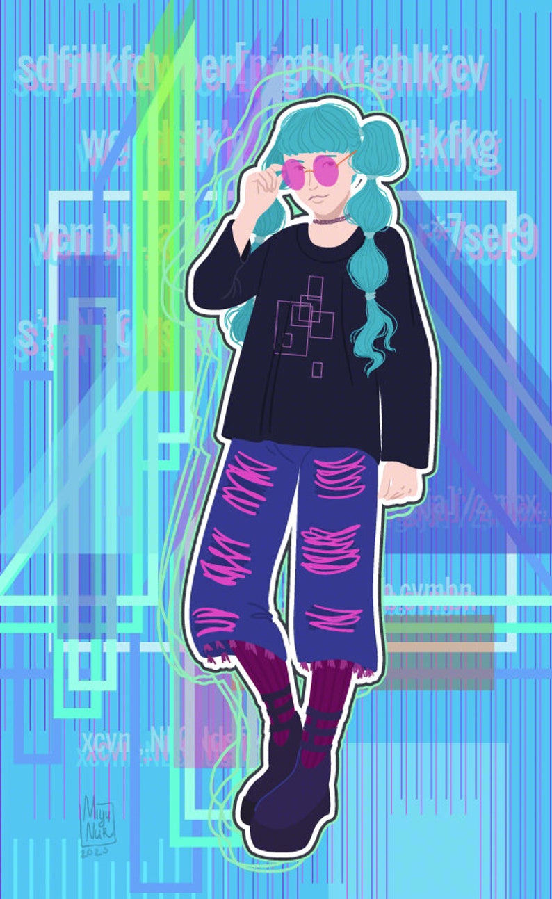 May include: Illustration of a person with teal hair and pink sunglasses, wearing a black top with a geometric design, ripped blue jeans with pink accents, and dark boots. The background features a blue and green abstract design with text.