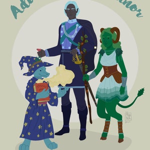 May include: Illustration featuring three fantasy characters with the text "Adventures in Alinor." A blue creature in a wizard robe holds a book. A tall figure in a dark blue uniform stands next to a green-skinned character with horns and a staff.