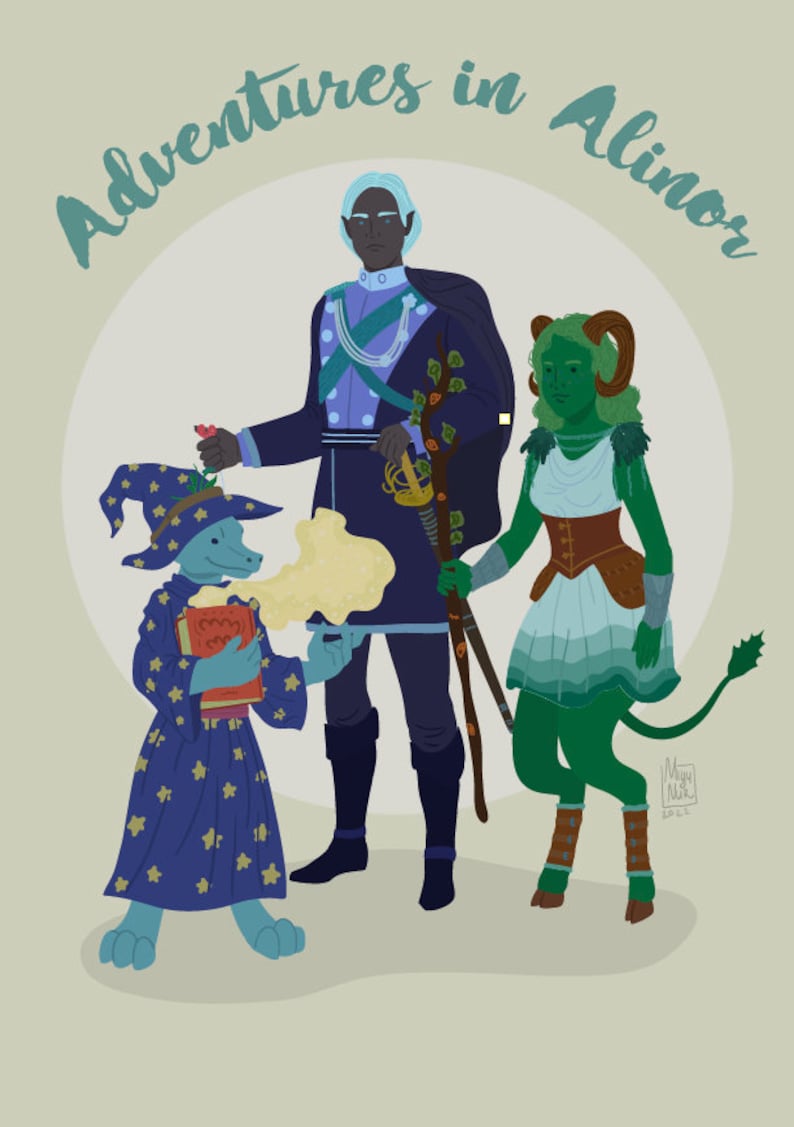 May include: Illustration featuring three fantasy characters with the text "Adventures in Alinor." A blue creature in a wizard robe holds a book. A tall figure in a dark blue uniform stands next to a green-skinned character with horns and a staff.