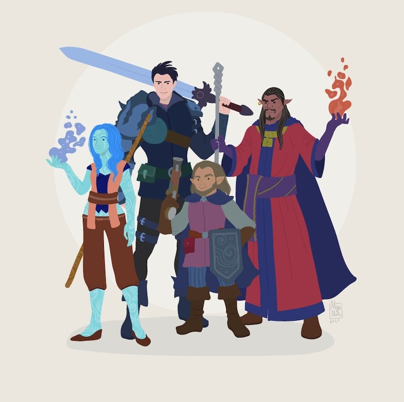 Fantasy DnD party of four characters: genasi girl, halfling artifician, elf mage with fireball and dhampire with big sword
