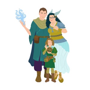 May include: Illustration of a family dressed in fantasy attire. The father wears a teal robe and the mother has a winged headpiece and armor. The child holds a clock-like object. The background is white.
