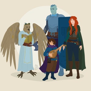 May include: Illustration of a fantasy group featuring an owl-like creature with large wings, a blue-skinned humanoid, a red-haired elf, and a young person playing a lute. The characters are dressed in fantasy attire, with a light beige background.