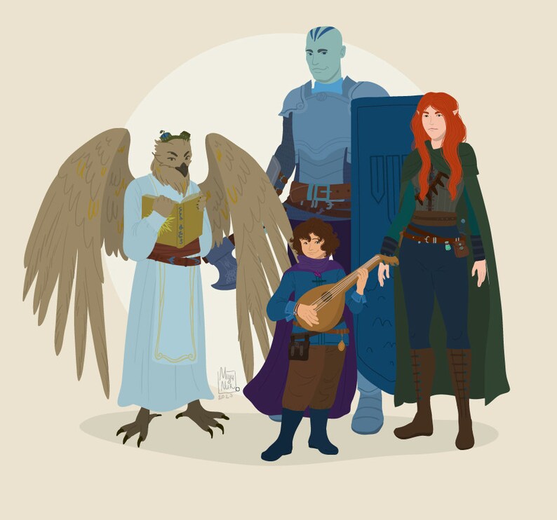 May include: Illustration of a fantasy group featuring an owl-like creature with large wings, a blue-skinned humanoid, a red-haired elf, and a young person playing a lute. The characters are dressed in fantasy attire, with a light beige background.