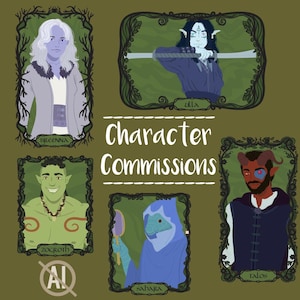 May include: A digital illustration featuring the text Character Commissions with five framed portraits of fantasy characters named Breenna, Ulla, Zocroth, Sahara, and Talos. Each portrait is enclosed in a dark, ornate, vine-like border.